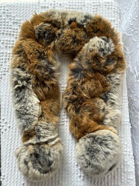 Vintage Rex Rabbit Fur Scarf Pull Through Pom Pom Brown Tan Soft Spain Luxurious